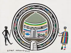 Esther Mahlangu, Untitled (Figures with Dwelling), acrylic and soil on canvas