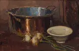 Copper Pot, Onions and Bowl by Adriaan Boshoff, oil on canvas laid down on board, offered Apr 2023