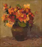 Nasturtiums in a Jar by Adriaan Boshoff, oil on canvas, sold Apr 2023