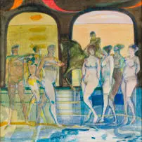 Procession by Robin Philipson, watercolour on card, offered Apr 2023