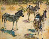 Four Zebras by Zakkie Eloff, oil on canvas, sold Apr 2023