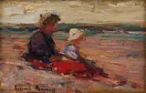 Mother and Child on the Beach by Adriaan Boshoff, oil on canvas laid down on board, sold Apr 2023