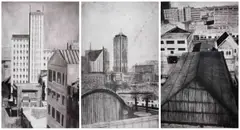 Gordon Froud, Sacred Geometry in the City - Views from August House (triptych), 2018, mixed media drawing on fabriano