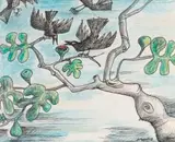 Peter Clarke, Birds Quarrelling Over a Ripe Fig, pen, ink, and crayon on paper