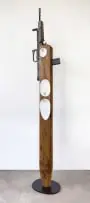 Michael MacGarry, Two Figures (Menhirs), teak, enamel, replica L85 rifle, steel plate