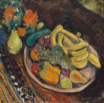 Freida Lock, Still Life with Fruit, oil on canvas laid down on board
