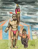 Peter Clarke, Acrobat, Midget and Chimpanzee, mixed media on paper