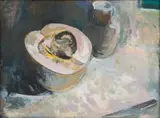 Jean Welz, Pumpkin and Knife, oil on canvas laid down on board