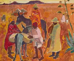Alfred Krenz, Loading a Donkey, Basutoland, gouache on paper