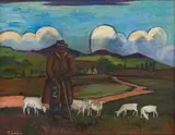 Maggie Laubser, Shepherd and Sheep in a Landscape, two, oil on canvas laid down on board