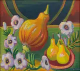 Maggie Laubser, Still Life with Pumpkin, Pears and Flowers, oil on canvas laid down on board