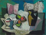 Erik Laubscher, Still Life with Black Jug, Apples, Book and Tureen on a Table, oil on canvas
