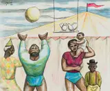 Peter Clarke, The Acrobat's Family, mixed media on paper