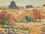 Autumn Landscape by Jacobus Hendrik Pierneef, oil on board, sold May 2023