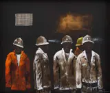 Sam Nhlengethwa, Miners, oil on wood panel