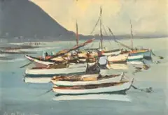 George William Pilkington, Bote voor Anker, Kalk Bay (Anchored Boats, Kalk Bay), oil on canvasboard