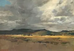 Eben van der Merwe, Landscape with Approaching Storm, oil on board