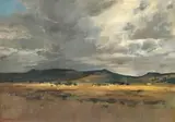 Eben van der Merwe, Landscape with Approaching Storm, oil on board