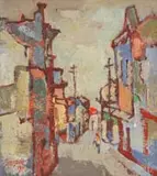Gregoire Boonzaier, Straatjie met Twee Lamppale en Rooi Dak (Street with Two Lampposts and Red Roof)