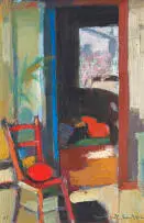 Interieur met Rooi Stoel (Interior with Red Chair) by Herbert Coetzee, oil on panel, sold Nov 2022
