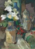 Eben van der Merwe, Still Life with Flowers in a Vase and Teapot