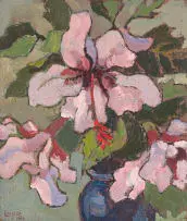 Gregoire Boonzaier, Pienk Hibiskusse in Blou Vaas (Pink Hibiscuses in Blue Vase), oil on board