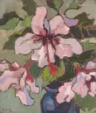 Gregoire Boonzaier, Pienk Hibiskusse in Blou Vaas (Pink Hibiscuses in Blue Vase)