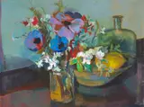 Herbert Coetzee, Still Life with Bottle, Lemon and Vase of Flowers