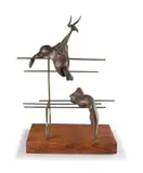 Maureen Quin, Animal Bird-Man on Bench, bronze, on a wooden base
