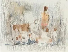 Otto Schröder, Boerbokke en Wagter (Boer Goat and Herder), pastel and paint on board