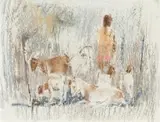 Otto Schröder, Boerbokke en Wagter (Boer Goat and Herder), pastel and paint on board
