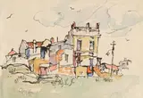Sloping van die Deelhuis, Distrik Ses (The Demolition of The Tenement, District Six) by Gregoire Boonzaier, watercolour on paper, sold Nov 2022
