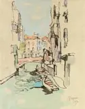 Kanaal met Twee Bote en Rooi Brug, Venesië (Canal with Two Boats and Red Bridge, Venice) by Gregoire Boonzaier, watercolour on paper, sold Nov 2022