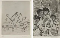 Katrine Harries, The Swings; The Flautists, two, etching on paper