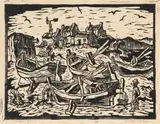 Gregoire Boonzaier, Fishing Boats, Waenhuiskrans, linocut on paper