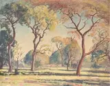 Bosveld Landscape by Jacobus Hendrik Pierneef, oil on canvas, sold Mar 2023