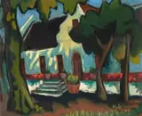 Cape Dutch House with Trees by Maggie Laubser, oil on board, sold Mar 2023