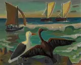 Maggie Laubser, Birds on Rocks; Sea with Boats in Background, oil on canvas