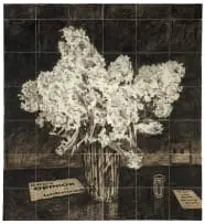 William Kentridge, Hyacinths (Wait Once Again for Better People), 2020, six colour lithograph, consisting of 42 panels collaged onto a fabric base, with hand painted elements