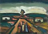 Pranas Domšaitis, Three Figures in the Karoo, oil on board