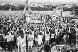 David Goldblatt, The dethroning of Cecil John Rhodes, after the throwing of human faeces on the statue and the agreement of the University to the demands of students for its removal. The University of Cape Town, 9 Apr, silver gelatin print on fibre-based paper