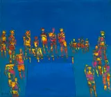 Figures Around a Swimming Pool by Walter Battiss, oil on canvas, sold Mar 2023