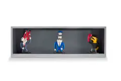 Norman Catherine, Totem Figures, four, three wooden sculptures, on a wooden base in a wooden box frame
