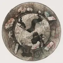 William Kentridge, Tondo, soft ground etching, dry point and chine collé