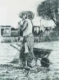 Phillemon Hlungwani, N'wansati wa Vutlhari u Pfuka ni Mixo a Basisa Dyangu wa Yena II (The Wise Woman Rises in the Morning and Cleans Her Household II), etching and aquatint on paper