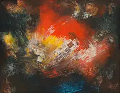 Red Abstract by Jan Dingemans, oil on board, offered Feb 2023