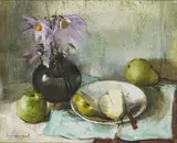 Irmin Henkel, Still Life with Purple Flowers and Green Pears