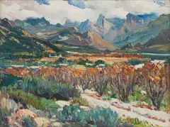 Hugo Naude, Landscape with Distant Mountains, oil on board