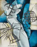 Jahni Wasserfall, Abstract in Blue, mixed media on board