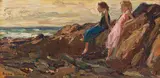 Adriaan Boshoff, Girls Leaning on Rocks, oil on canvas laid down on board